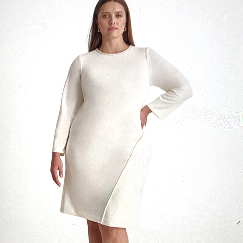 DKNY Plus Size Beaded Jewel Neck Long Sleeve Sheath Dress